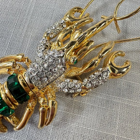 Vintage Articulated Lobster Crayfish Emerald and Clear  Vintage Articulated Lobster Crayfish Emerald and Clear Crystal Brooch